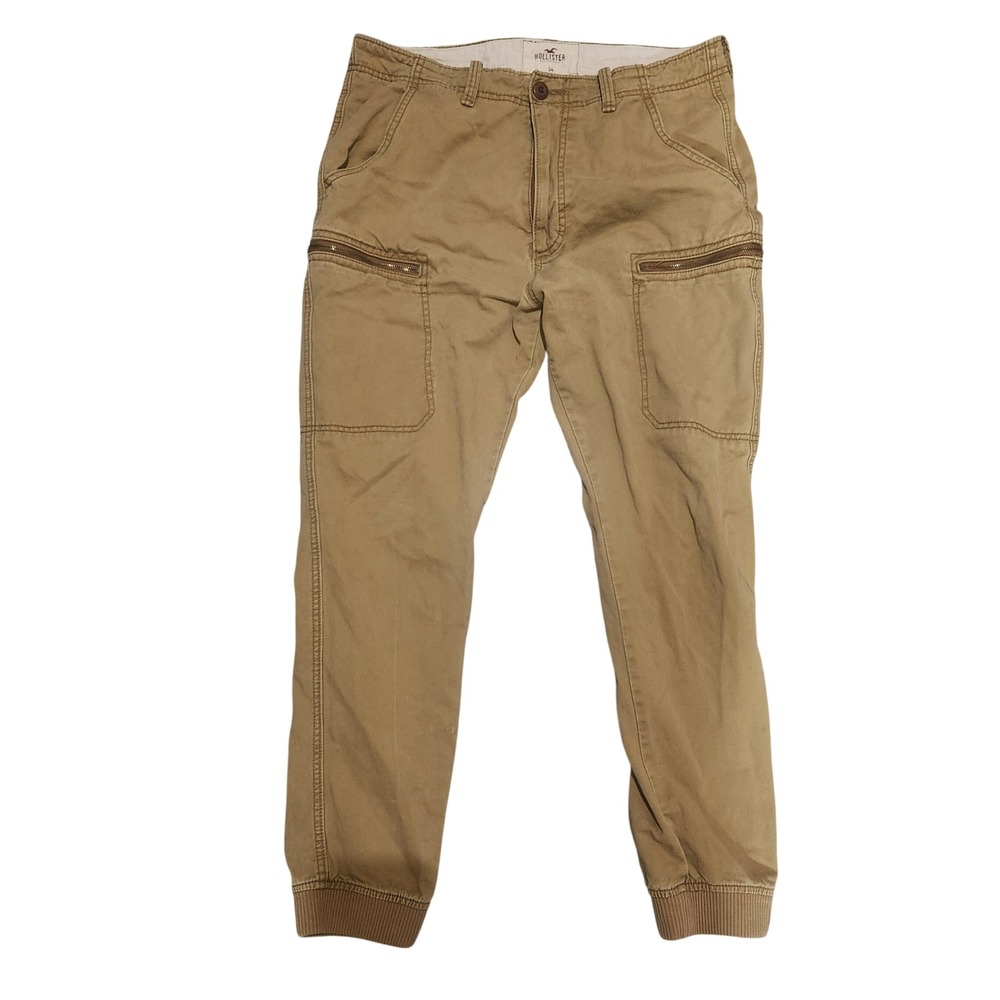 Hollister Cargo Jogger Pants Khaki Tan Mens Size 34 Zip‎ Pockets Cuffed